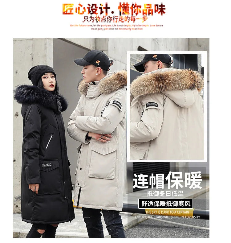 Korean Style Winter Long Parka Coat Men Woman Down Jacket Clothing Hooded Fur Collar Thicken Warm Leisure Lovers Overcoat