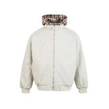 American Hoodie Mens Detachable Hat Grid Pattern Color Block Loose Fak