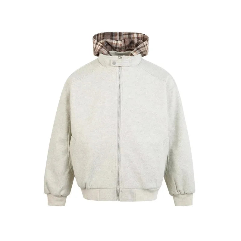 American Hoodie Mens Detachable Hat Grid Pattern Color Block Loose Fak