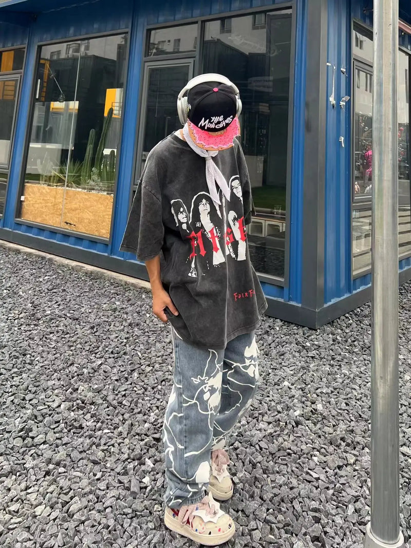 fashion lightning skull printed denim jeans mens unisex casual zipper straight jeans streetwear hip hop y2k jean pants joggers unique joggers style 722