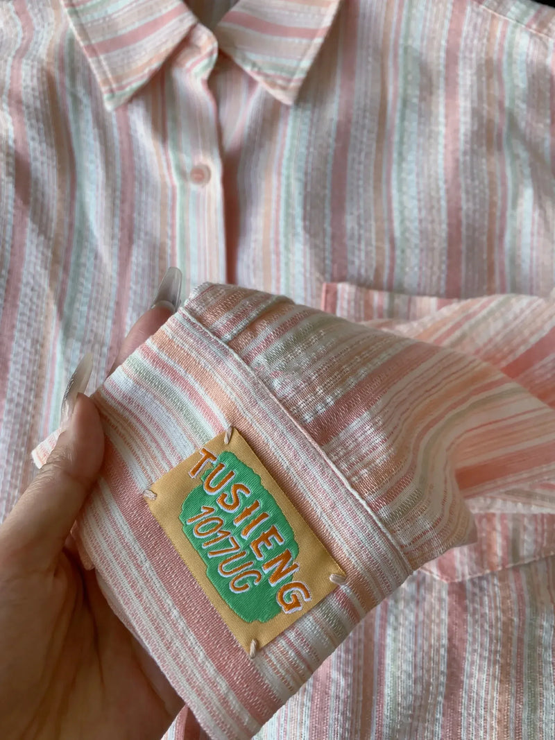 Early Autumn Sweet Striped Polo Collar Long Sleeved Shirt Womens Autum