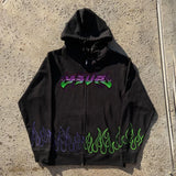 Y2K Womens Clothing Full Zipper Sweatshirt Black Red Pullover Long Sle