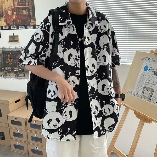 Y2K Street Button Up Shirt – Summer Panda Printed Shirts For Men Casual Loose Short Sleeved Camisas Couples Streetwear Fashion Tee Shirt Luxury Social Shirt | Button Shirt Drop #871