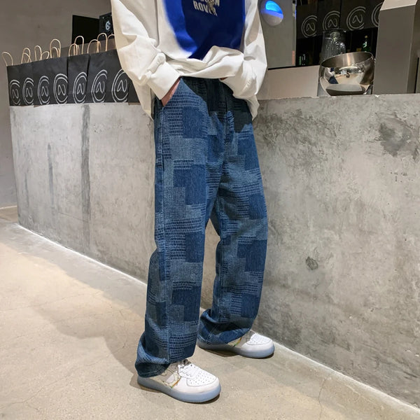 blue black plaid jeans men retro casual wide leg jeans mens streetwear loose hip hop straight denim trousers men vintage jeans ripped baggy denim