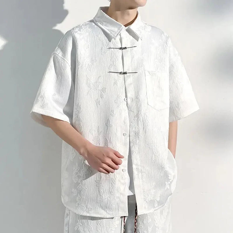 Mens Chinese Loop Buckle Jacquard Design Shirt Daily Casual Personality Versatile Loose Short-sleeve Tops Unisex 2024 Summer