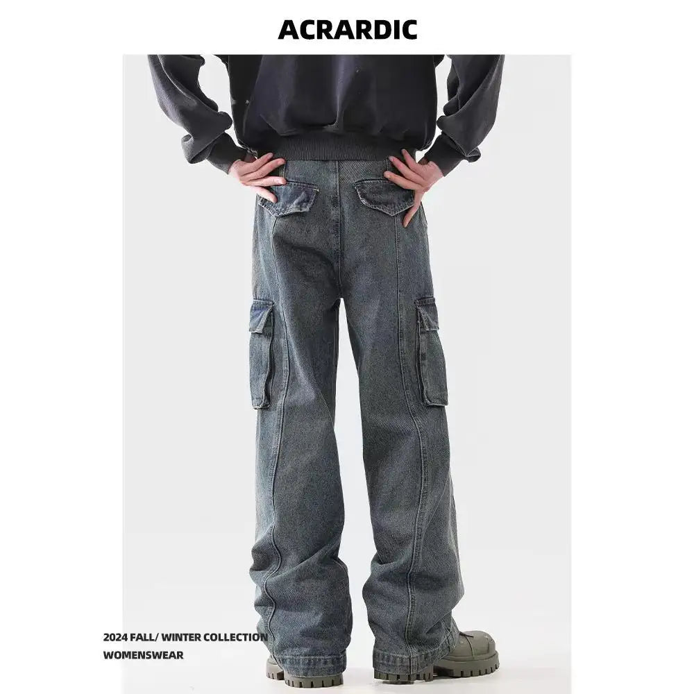 american spring and autumn street trendy personalized work clothes jeans for couples loose retro straight leg casual pants y2k unique jeans style 4988