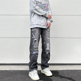high street black washed straight jeans lowrise hip hop ripped jeans pants for men baggy vintage fashion wide denim pants women unique jeans style 5355