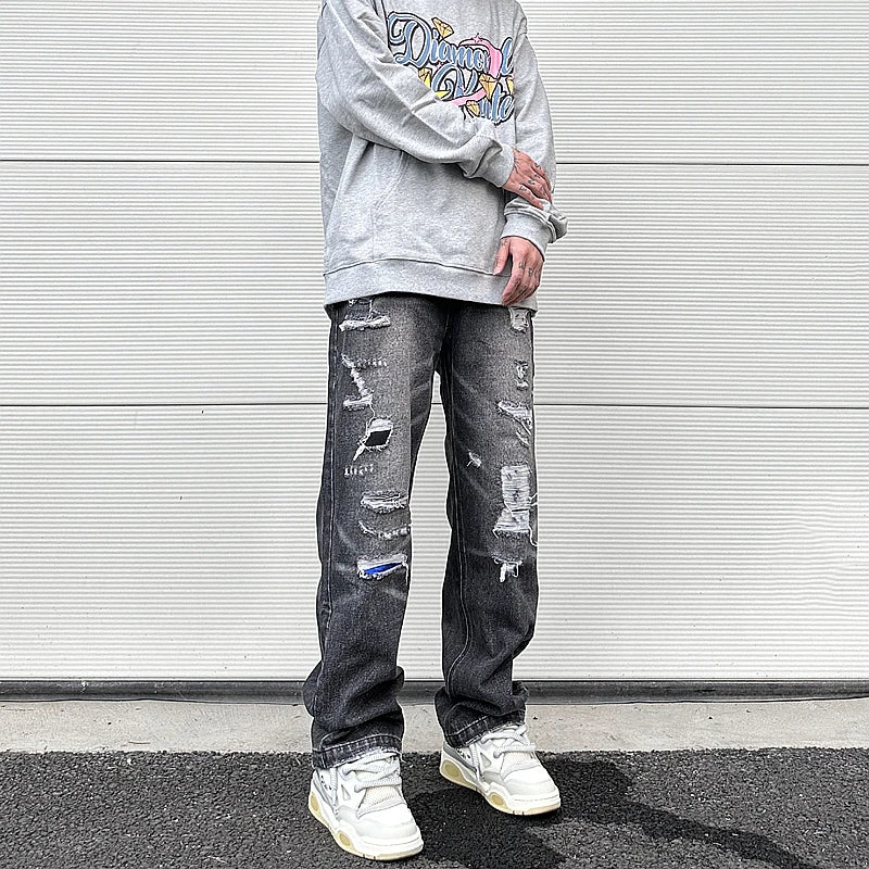 high street black washed straight jeans lowrise hip hop ripped jeans pants for men baggy vintage fashion wide denim pants women unique jeans style 5355