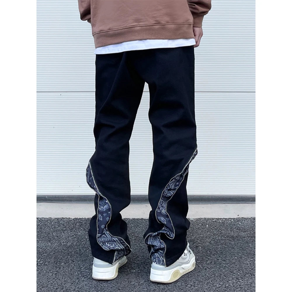 high street black white straight zipper becomes slightly flared denim jeans harajuku casual hip hop cashew flower jeans for men ripped baggy denim