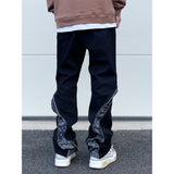 high street black white straight zipper becomes slightly flared denim jeans harajuku casual hip hop cashew flower jeans for men ripped baggy denim