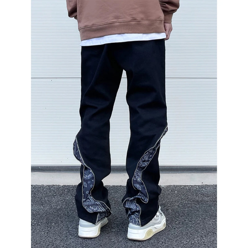 high street black white straight zipper becomes slightly flared denim jeans harajuku casual hip hop cashew flower jeans for men ripped baggy denim