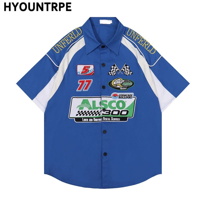 Fashion Mens Racing Embroidered Short Sleeves Shirt Casual Short Sleeve Hawaiian Shirt Hip Hop Harajuku Streetwear Loose Shirts
