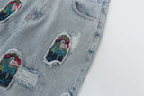 retro patch embroidered pleated jean for men street wear washed destroyed straight patchwork ripped jeans pants baggy hip hop unique jeans style 1064