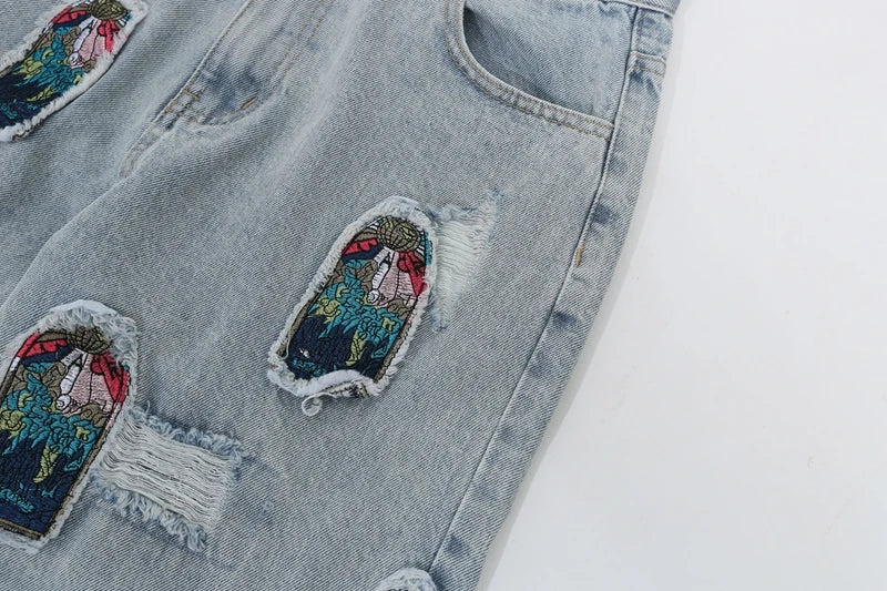 retro patch embroidered pleated jean for men street wear washed destroyed straight patchwork ripped jeans pants baggy hip hop unique jeans style 1064
