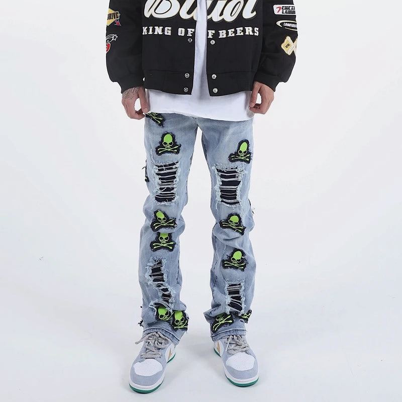 skull embroidery patchwork ripped denim jean pants fashion biker straight trousers streetwear hip hop joggers pant men clothing unique joggers style 2380