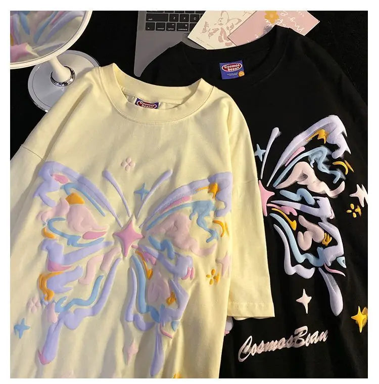 Skatercore Top – Purple Foaming Butterfly Graphic T Shirts Hip Hop Funny – Modern Streetwear for Everyone
