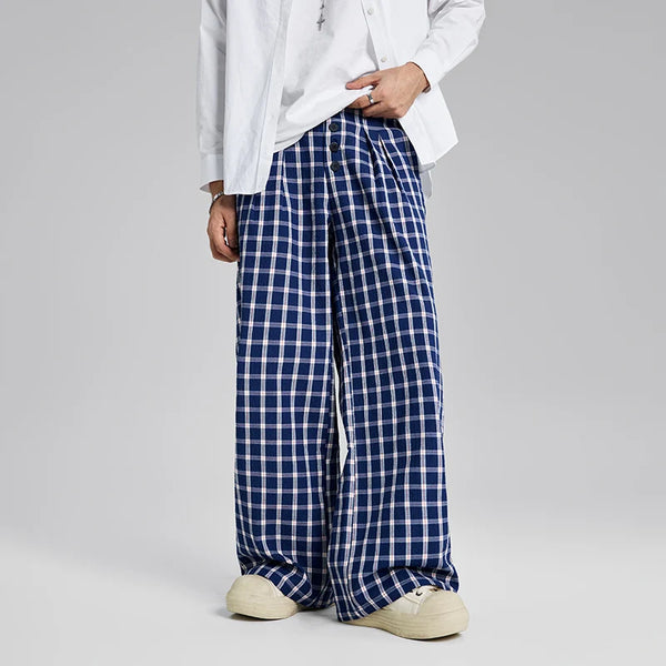men women american streetwear fashion loose plaid wide leg straight pant boyfriend button down sports casual pants trousers minimalist street pants