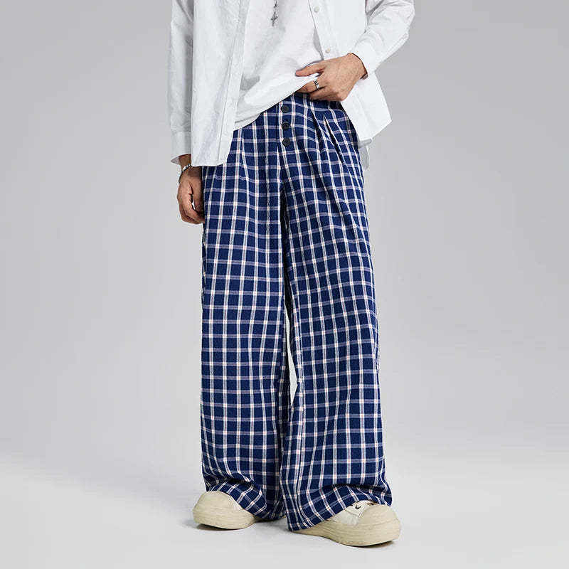 men women american streetwear fashion loose plaid wide leg straight pant boyfriend button down sports casual pants trousers minimalist street pants
