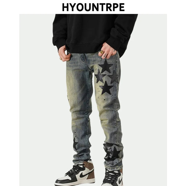 star appliques denim jeans skinny trousers slim fit men new casual biker jeans fashion streetwear hip hop trousers pants joggers streetwear sweatpants