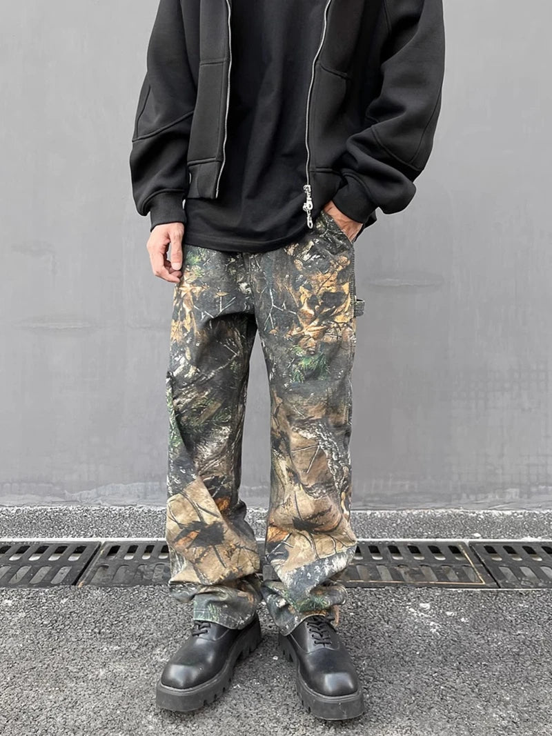 european and american tree grain camouflage jeans mens slim fitting splashing ink trendy hip hop tapered denim pants camou jeans unique jeans style 1419