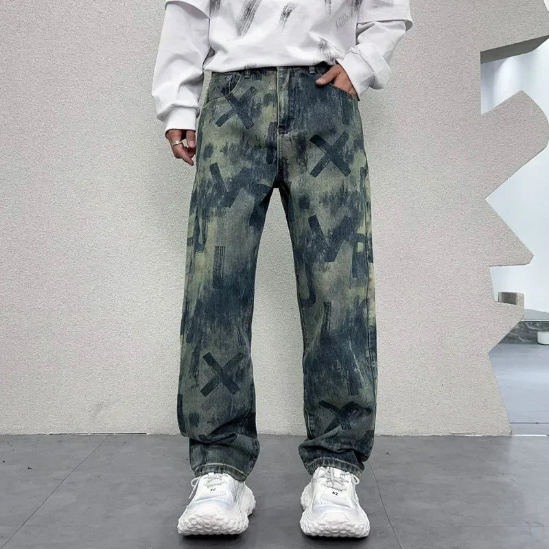 men loose casual american high street hip hop vibe printed denim baggy jeans pants man streetwear ripped jeans trousers urban skinny jeans