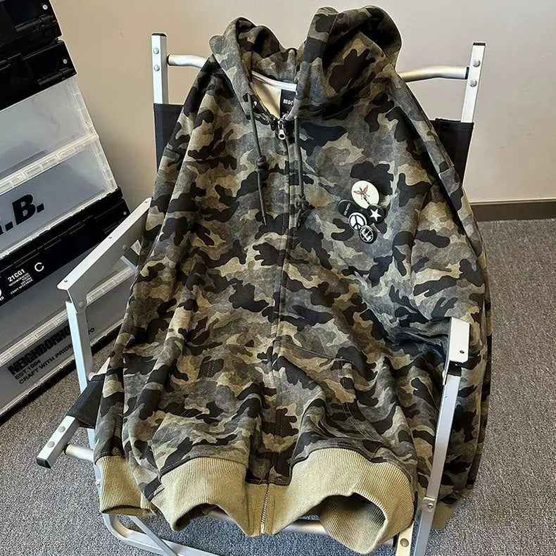 American Retro High Street Camouflage Cardigan Hooded Sweatshirt Winter Men Women Ins Fashion Brand Street Zipper Jacket Top
