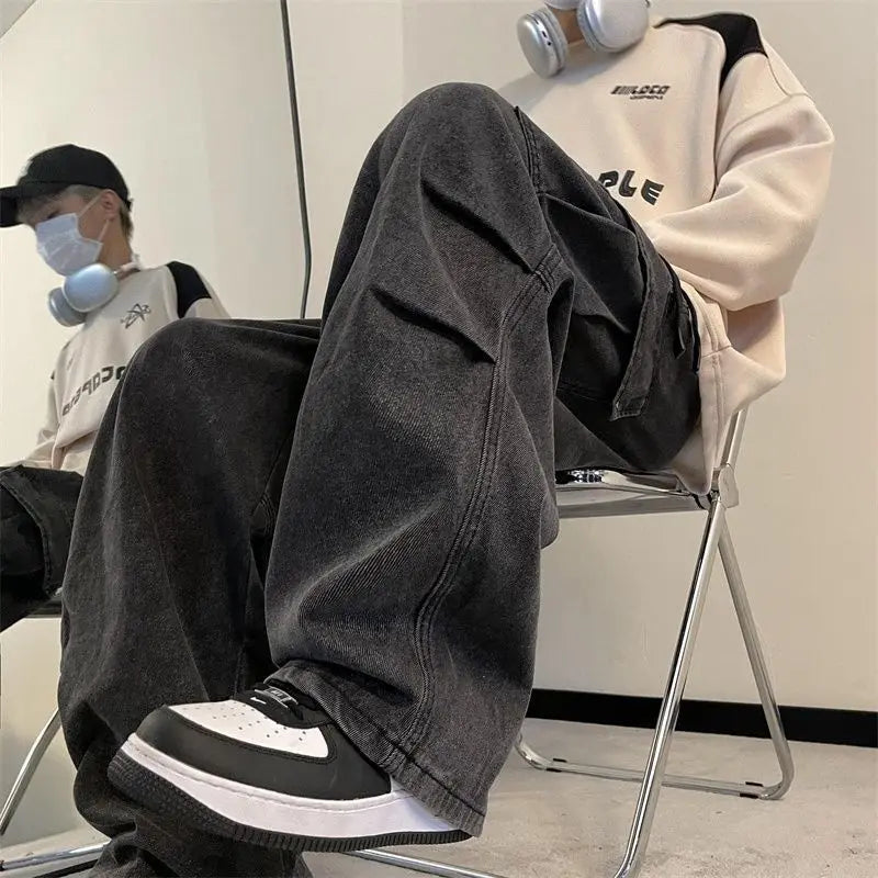 spring and autumn high street men and women trendy american washed straight leg jeans couple american loose retro casual pants urban skinny jeans