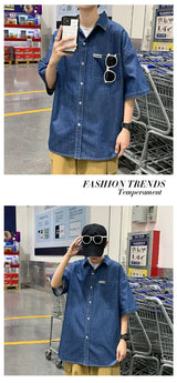 American summer thin denim shirt for men and women loose fit hip-hop short sleeved retro personality casual street top harajuku
