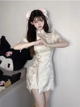 Vintage Chinese Style Cheongsam High Split Mini Dress 2024 Tie Dye Gothic Women Aesthetic Bandage Dresses Y2k Sexy Bodycon Robe