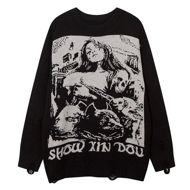 fashion hip hop knitted sweater men autumn winter o neck anime pattern pullover streetwear casual loose sweaters jumper knitwear unique limited edition hoodie, Y2K vintage urban hoodie, aesthetic street look hoodie