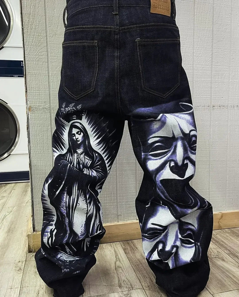 harajuku retro y2k pants gothic skateboard jeans skull denim print loose slouchy jeans men women pants streetwear hip hop jeans unique jeans style 4131