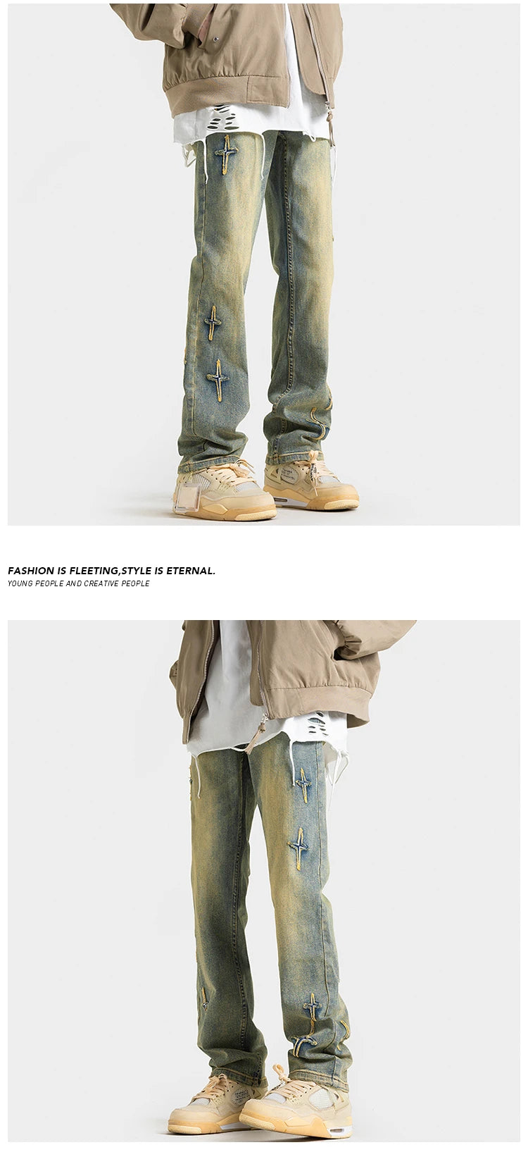 high street slim straight trousers tide vintage washed old colour stars jeans street mens denim trousers 2024 male pants unique jeans style 3327