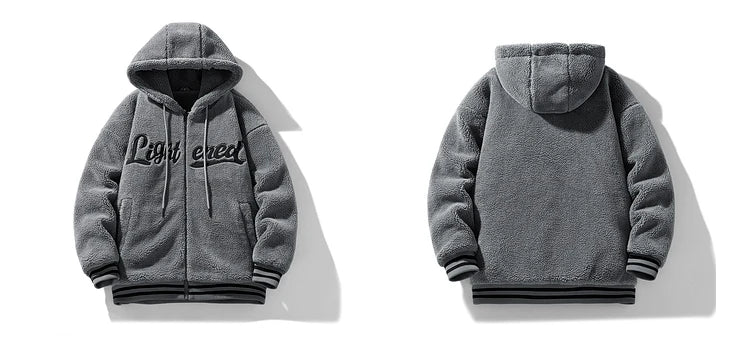 men fleece jackets and coats casual letter embroidery hairy zipper hooded outerwear warm streetwear parkas loose bomber jacke - variant style 4b7733 for streetwear fashion