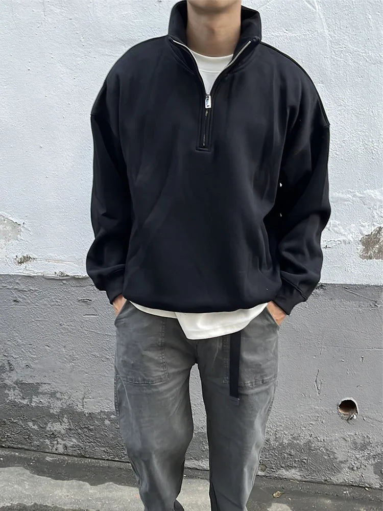 2024 New Half Zipper Design Sweatshirts For Men Autumn Y2K Vintage Stand Collar Pullover Hoodies Korean Fashion Casual
