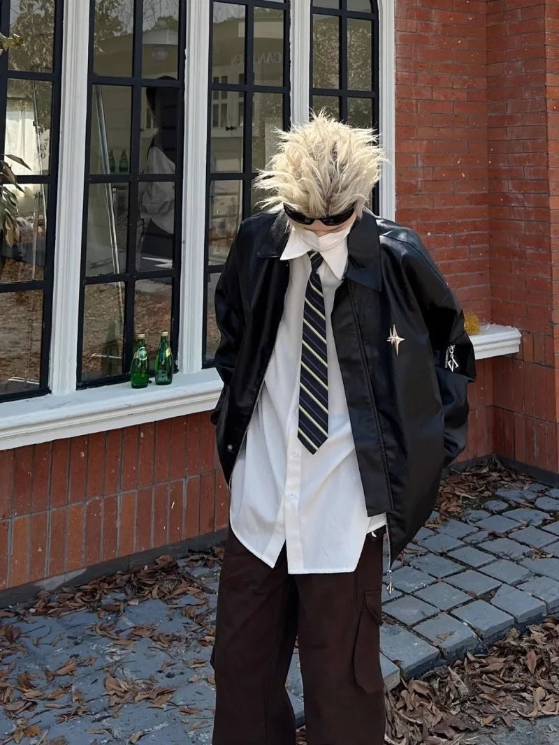 leather varsity jacket, fall winter fit, for men, fall streetwear outfit, oversized style, layered fashion, modern aesthetic, graphic detail