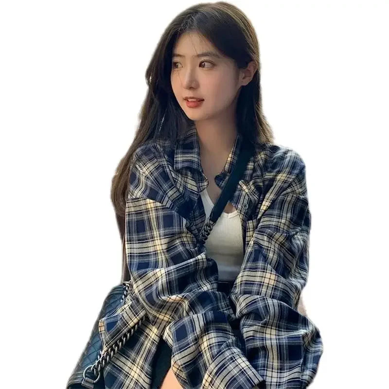 Power Wear Plaid Shirts Women Idle Sle Retro Cardigan Shirt Outerwear Long sleeve Top Spring and Autumn