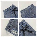 high waist women denim shorts summer fashion bow loose shorts korean casual female streetwear all match ripped pants unique jeans style 1315