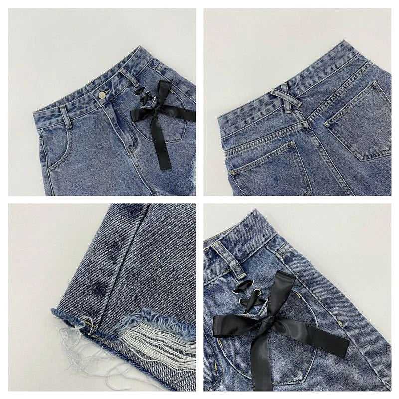 high waist women denim shorts summer fashion bow loose shorts korean casual female streetwear all match ripped pants unique jeans style 1315