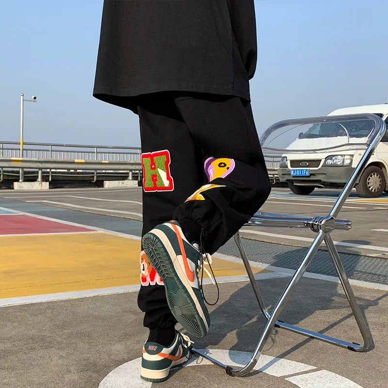 preppy style letter embroidery straight men baggy tracksuit pants y2k clothes sweatpants male drawstring casual long trousers unique joggers style 1073