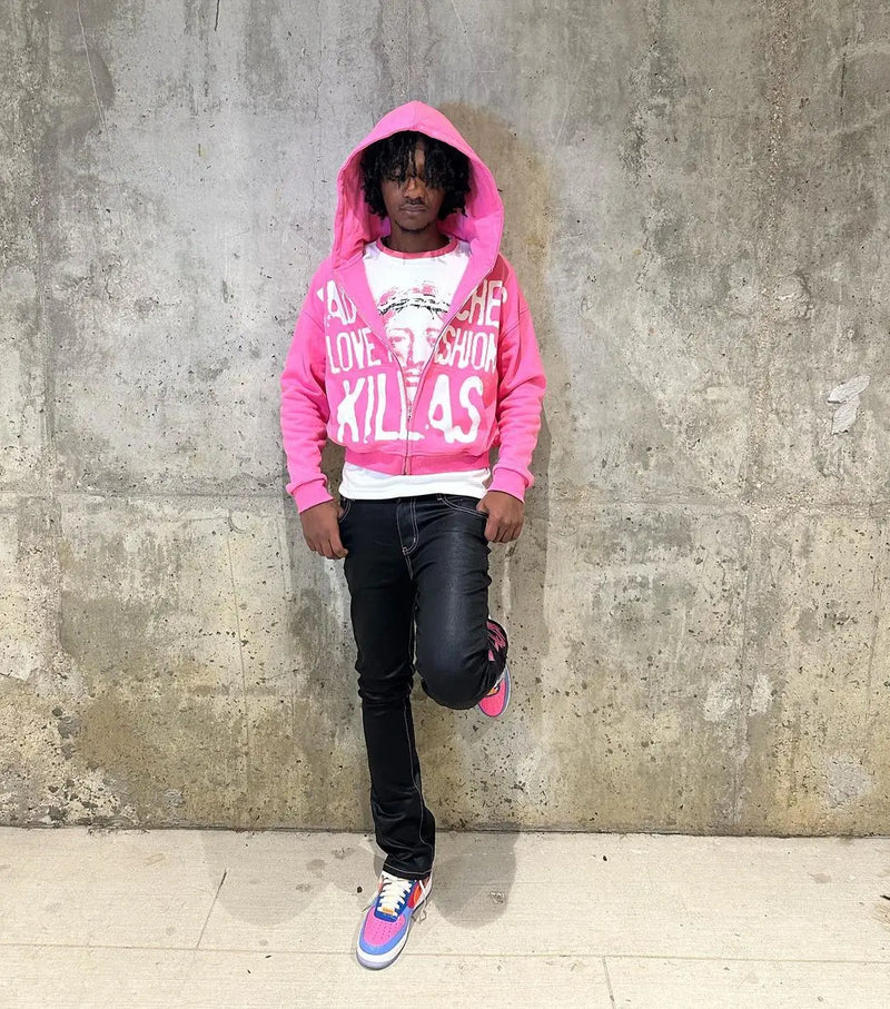 Harajuku Letter Printing Pink Hoodies Women Oversized Zip Up Hoodie St