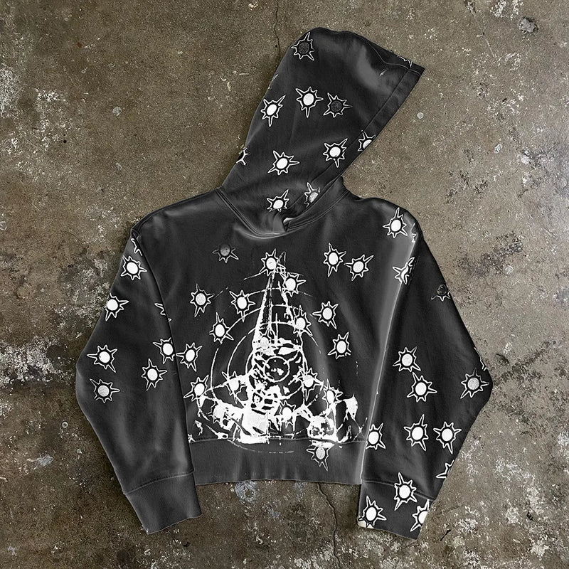 Y2k Long Sleeved Pullover Hoodie With Gothic Print Punk Style Hoodie Oversized Streetwear Winter Outfit School Ootd Clothes News