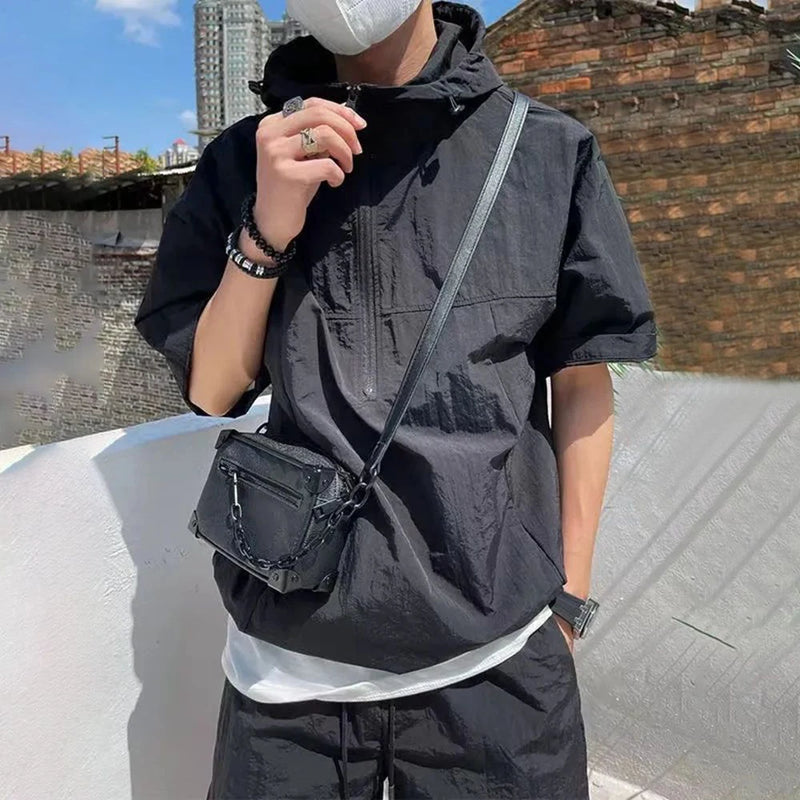 Mens Y2k Two-Piece Set 2024 Summer New Casual Loose High-Quality Zipper Fashion Hooded Work Top Solid Color Trendy Shorts Set