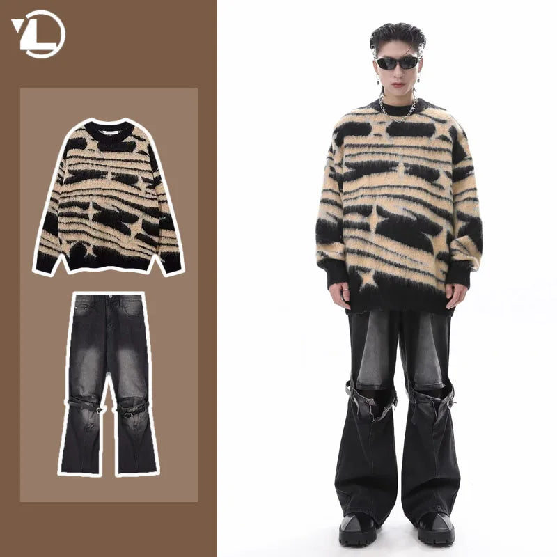 japanese hip hop sweater set men contrast zebra pattern round neck knit top splicing distressed loose jeans 2 pcs harajuku suit unique jeans style 4542