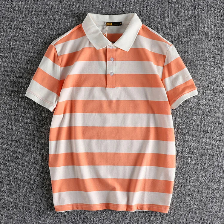 Trapwear Graphic tee – Summer Striped Polo T Shirt Mens New Retro Trend Washed Elas