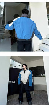 Retro Stand Collar Winter Jacket Men Zip Up Patchwork Cotton-padded Lightweight Parkas Spring Unisex Loose Autumn Short Outwear