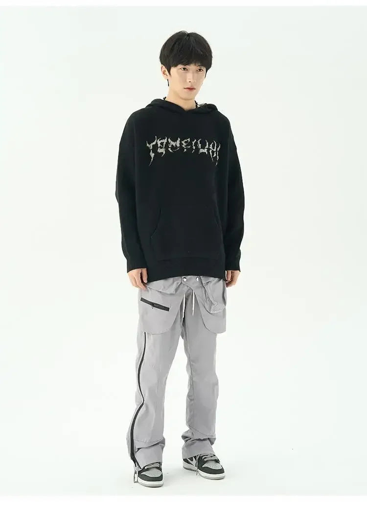 techwear flame knit sweater with structured oversized fit, ideal for cold streetwear layers, men’s streetwear clothing piece 