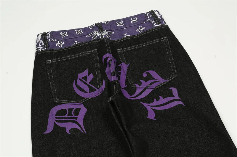 y2k retro sanskrit black jeans street casual pants punk male hip hop print loose harajuku mens straight pants ins hot sale unique jeans style 4782