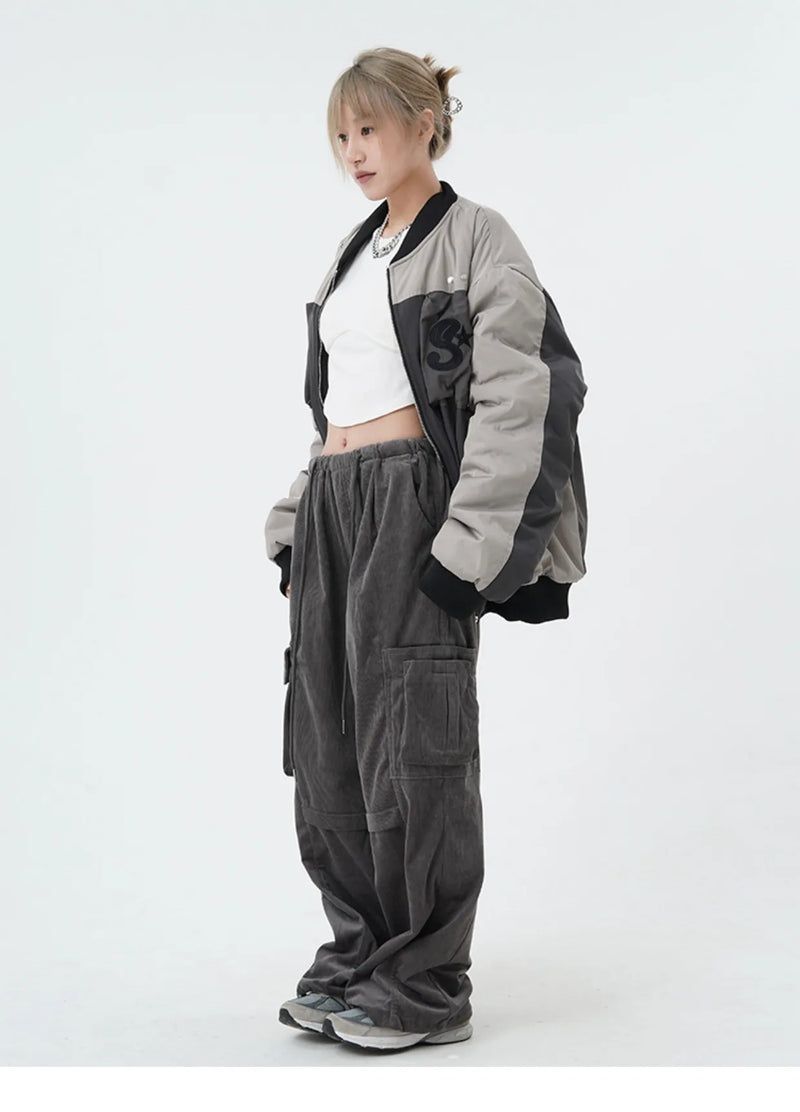 women high street corduroy pants casual elastic waist side pocket loose straight pant unisex hip hop y2k loose streetwear jogger unique joggers style 2360