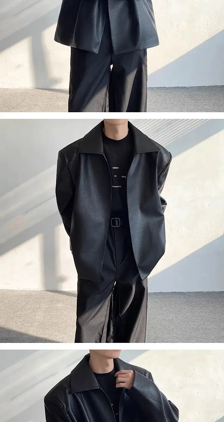 Black Cleanfit Shoulder Padded Leather Casual Jacket Men High End Hand