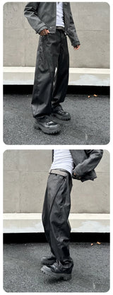 men streetwear fashion hip hop loose casual wide leg leather baggy motorcycle pant cityboy cargo pants trousers unique cargo style 2579